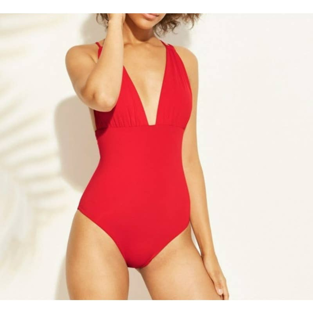 Sunn Lab Swim One Piece Swimsuit Strappy Back Plunge Neck Red Size Medium